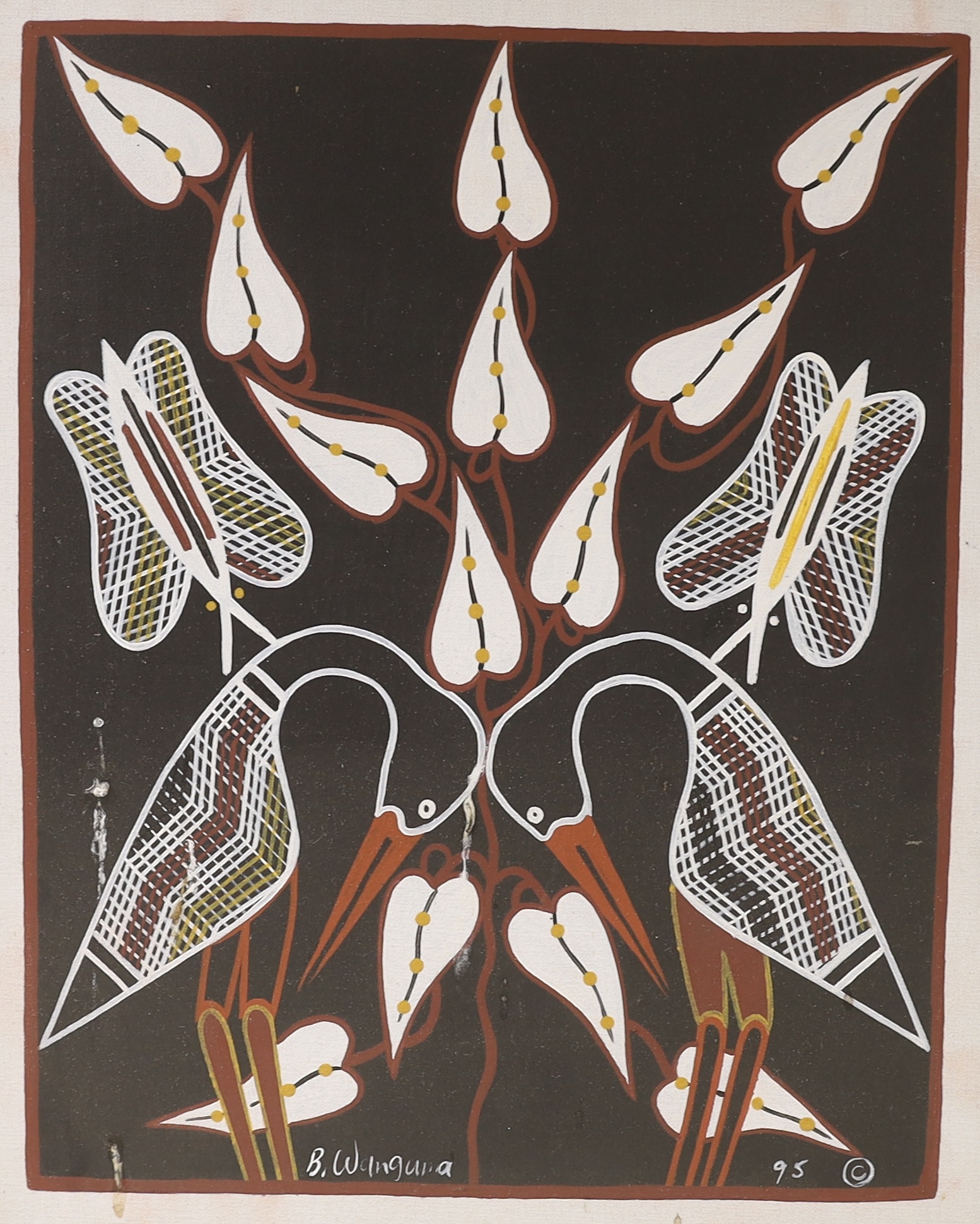 Bruce Wangurra (Aboriginal b.1953), acrylic and mixed media on canvas, ‘Brolga Birds’, signed and dated '95 with Broomhill Galleries label verso, 44 x 36cm